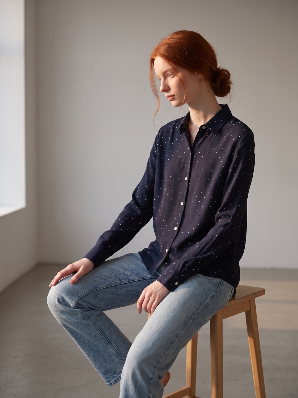 Ralph Lauren 100% silk Navy Polka Dot Long-Sleeve Semi-Sheer Shirt. Quiet luxury